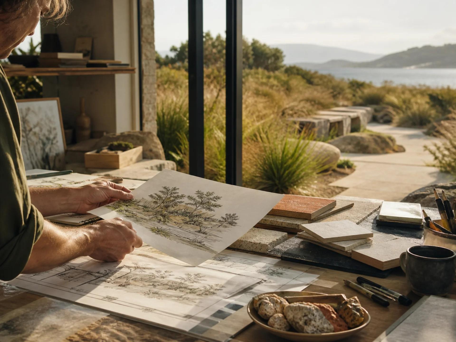Landscape plans and material samples beside a coastal garden