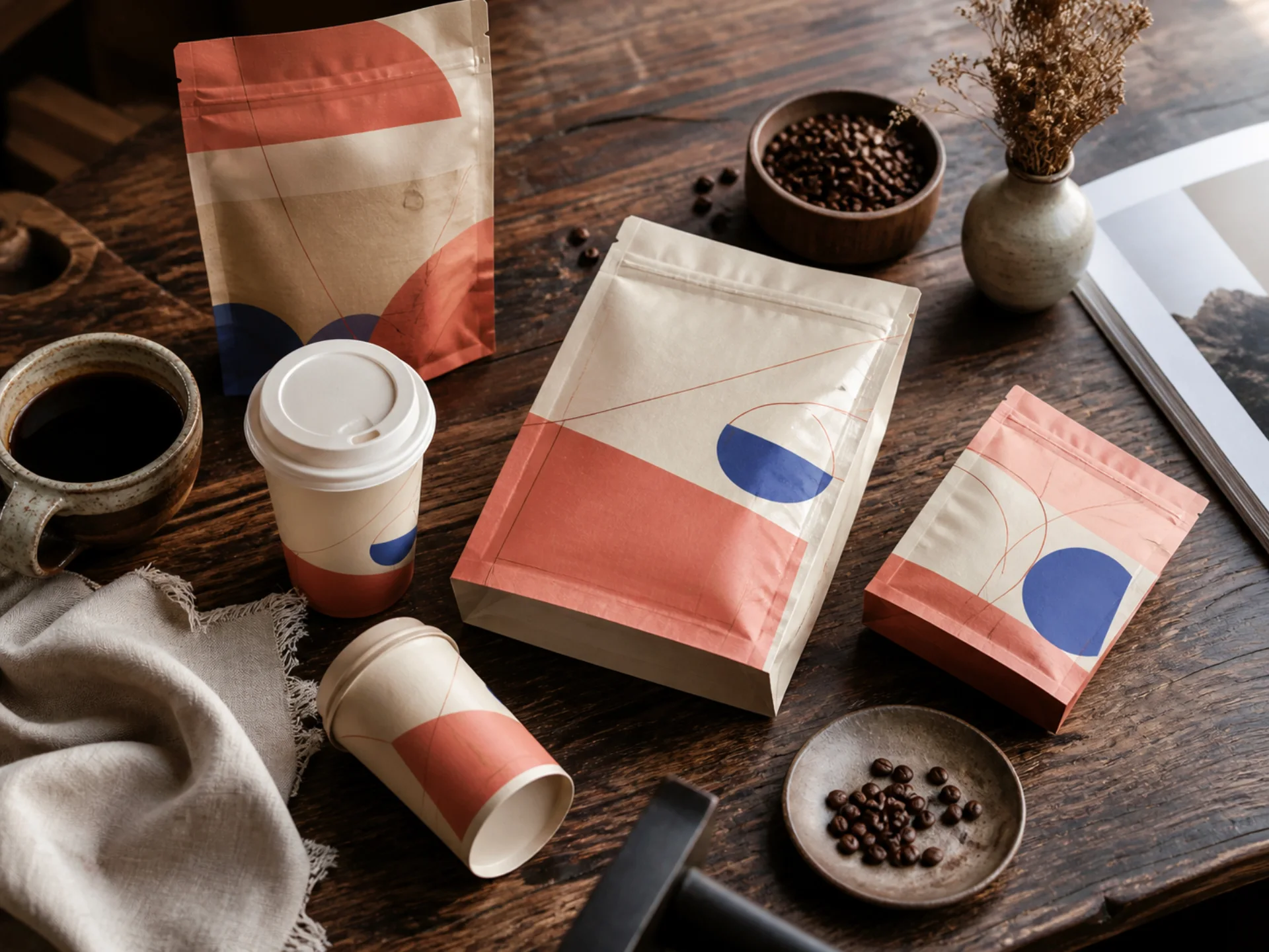 Morrow Coffee packaging in coral, cream and cobalt