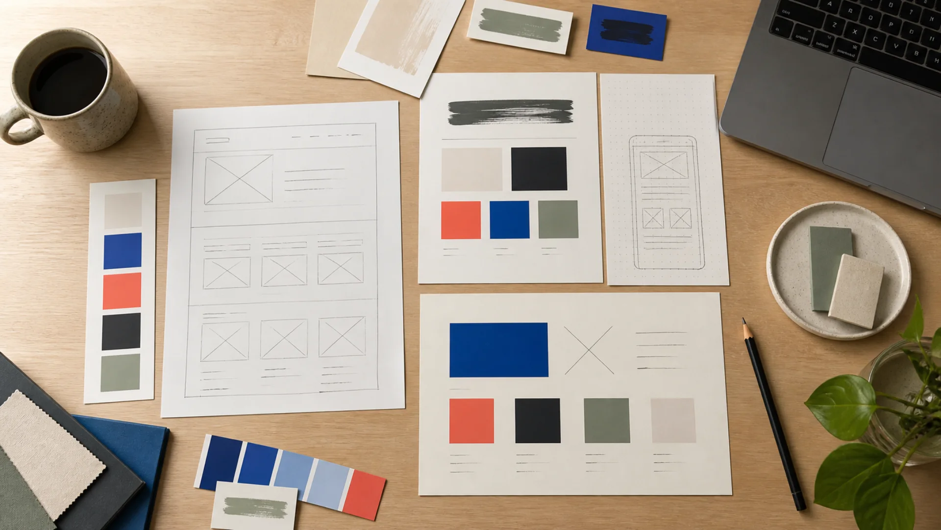 Wireframes, colour studies and design notes arranged on a studio desk